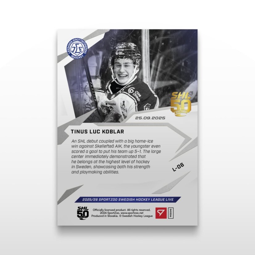 Hokejová kartička L-06 Tinus Luc Koblar - SportZoo Svenska hockeyligan 2025/26 LIVE