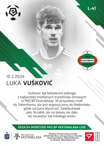 L-41 SADA Luka Vušković PKO Bank Polski Ekstraklasa 2023/24 LIVE + HOLDER