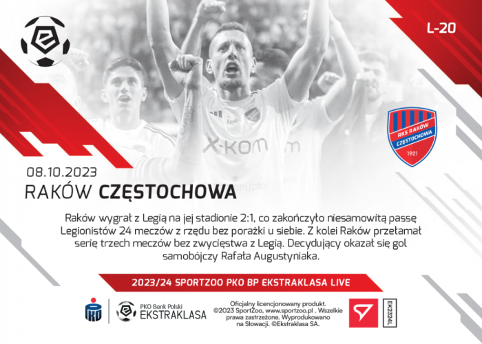 L-20 SADA Raków Częstochowa PKO Bank Polski Ekstraklasa 2023/24 LIVE + HOLDER