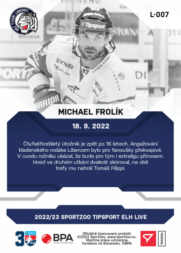 L-007 Michael Frolík TELH 2022/23 LIVE
