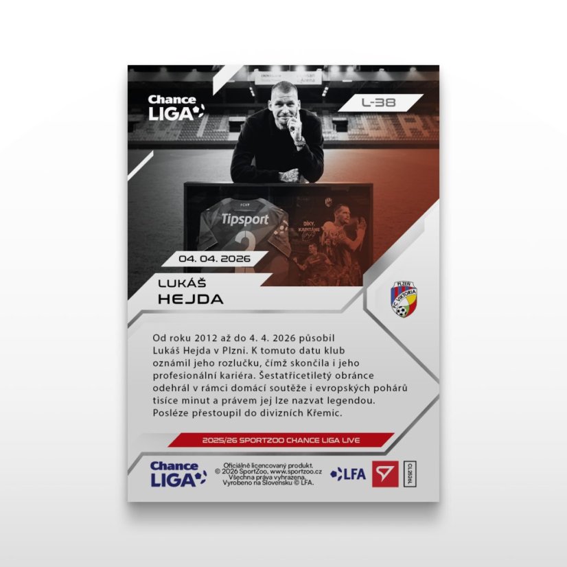 Karta piłkarska L-38 Lukáš Hejda - SportZoo Chance Liga 2025/26 LIVE