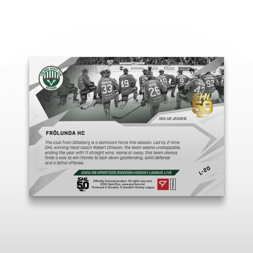 Hokejová kartička L-20 Frölunda HC - SportZoo Svenska hockeyligan 2025/26 LIVE
