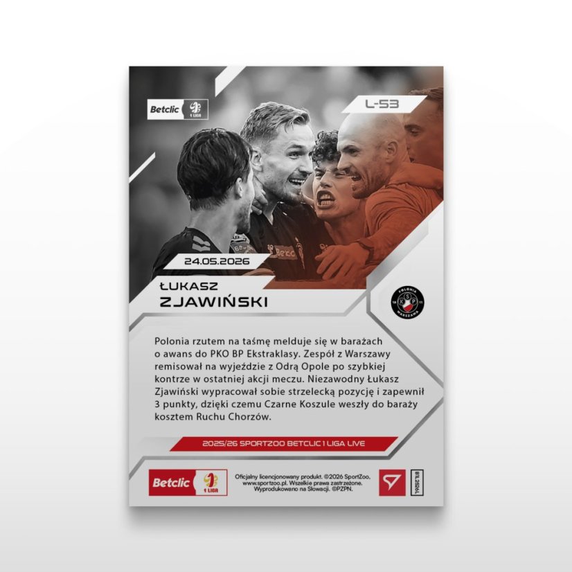 Football trading card L-53 Łukasz Zjawiński - SportZoo Betclic 1 Liga 2025/26 LIVE