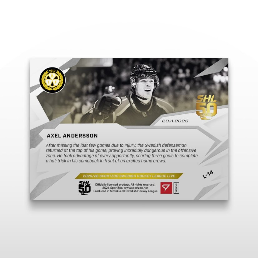 Hokejová kartička L-14 Axel Andersson - SportZoo Svenska hockeyligan 2025/26 LIVE