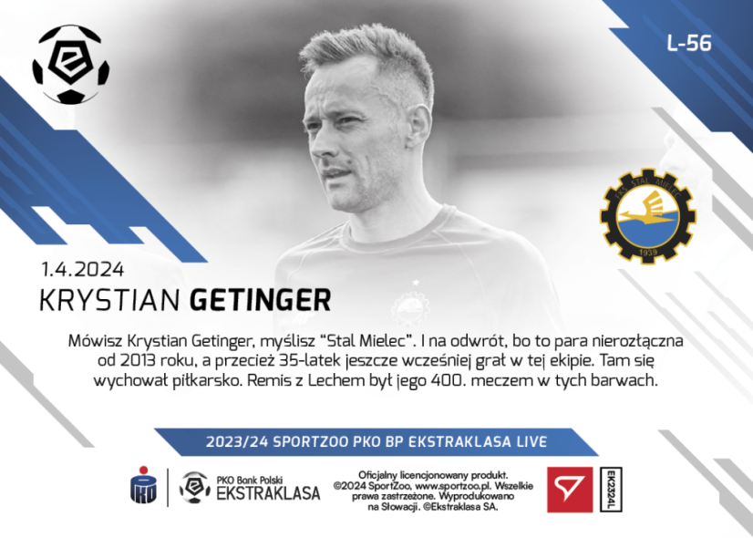 L-56 ZESTAW Krystian Getinger PKO Bank Polski Ekstraklasa 2023/24 LIVE + UCHWYT