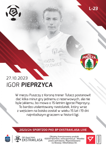 L-23 SADA Igor Pieprzyca PKO Bank Polski Ekstraklasa 2023/24 LIVE + HOLDER