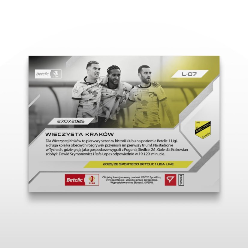 Karta piłkarska L-07 WIeczysta Kraków - SportZoo Betclic 1 Liga 2025/26 LIVE