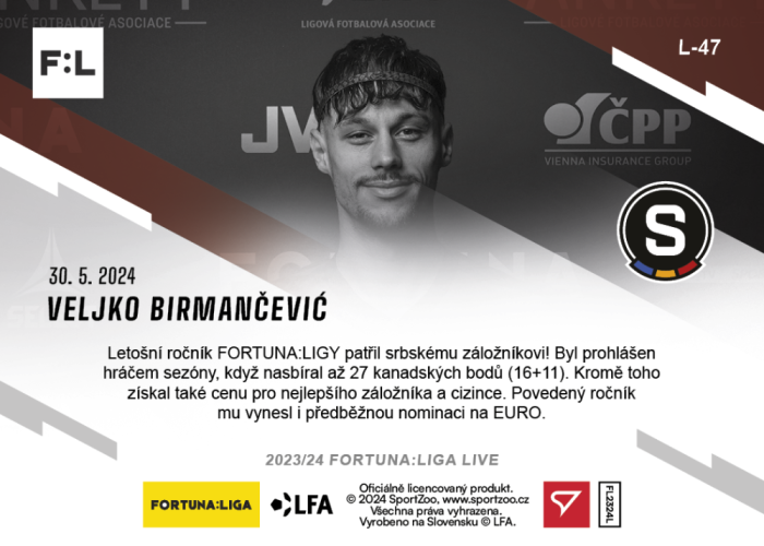 L-47 SADA Veljko Birmančević FORTUNA:LIGA 2023/24 LIVE + HOLDER