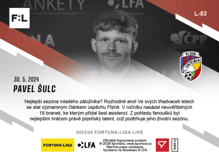 L-53 SADA Pavel Šulc FORTUNA:LIGA 2023/24 LIVE + HOLDER