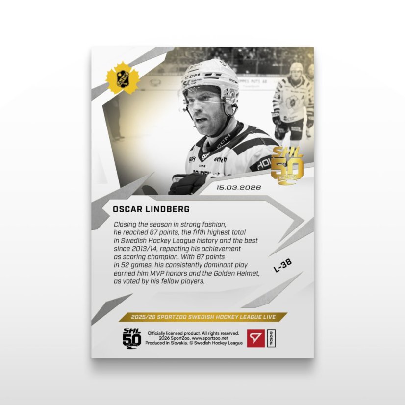 Hokejová  kartička L-38 Oscar Lindberg - SportZoo Svenska hockeyligan 2025/26 LIVE