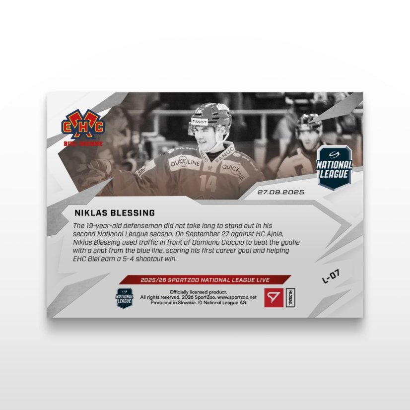 Hokejová kartička L-07 Niklas Blessing - SportZoo National League 2025/26 LIVE