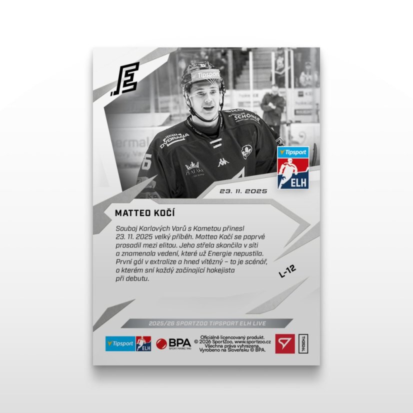 Hokejová  kartička L-12 Matteo Kočí - SportZoo Tipsport ELH 2025/26 LIVE