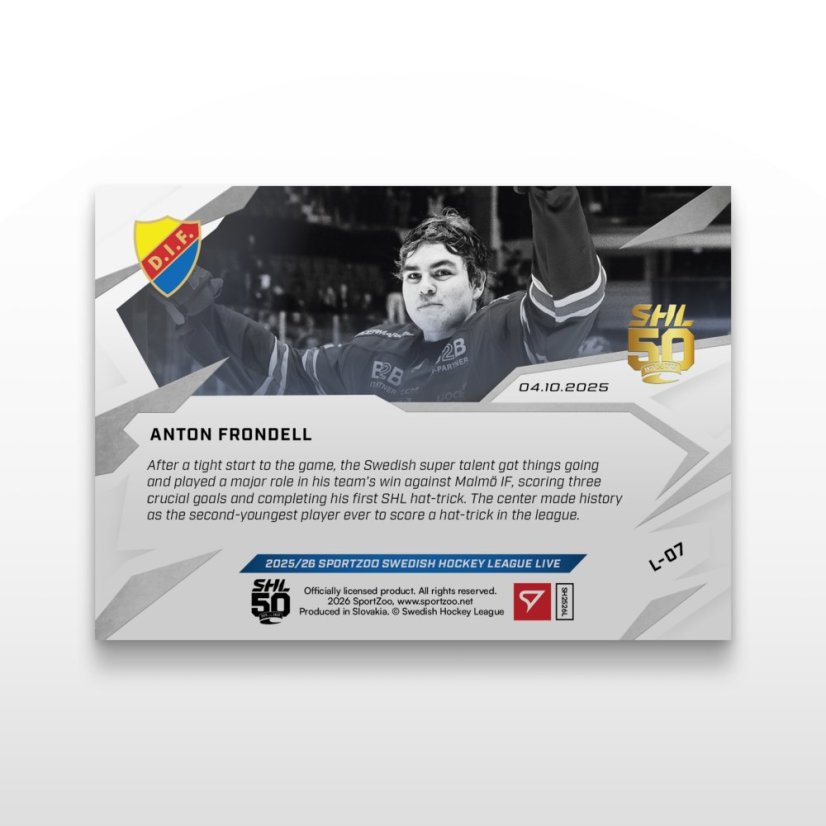 Hokejová kartička L-07 Anton Frondell - SportZoo Svenska hockeyligan 2025/26 LIVE