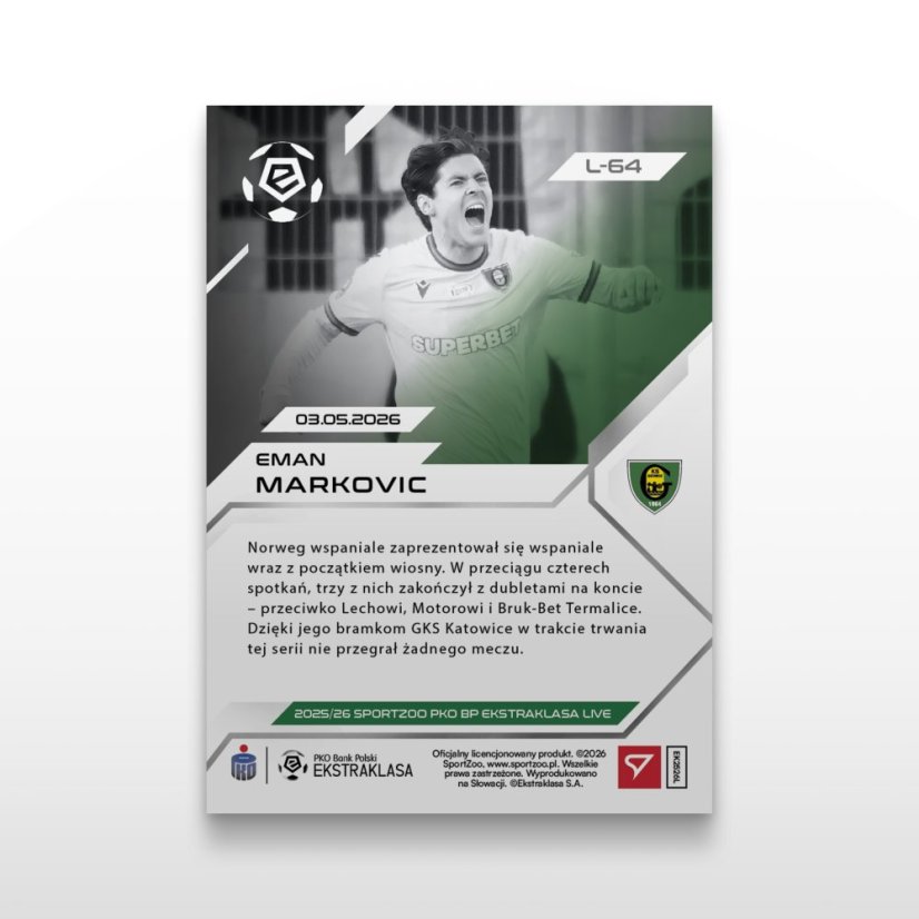 Karta piłkarska L-64 Eman Markovic - SportZoo PKO BP Ekstraklasa 2025/26 LIVE