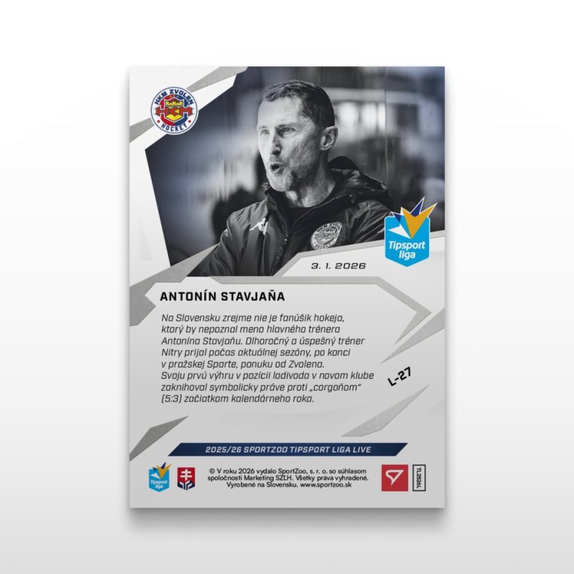 Hokejová  kartička L-27 ANTONÍN STAVJAŇA - SportZoo Tipsport liga 2025/26 LIVE