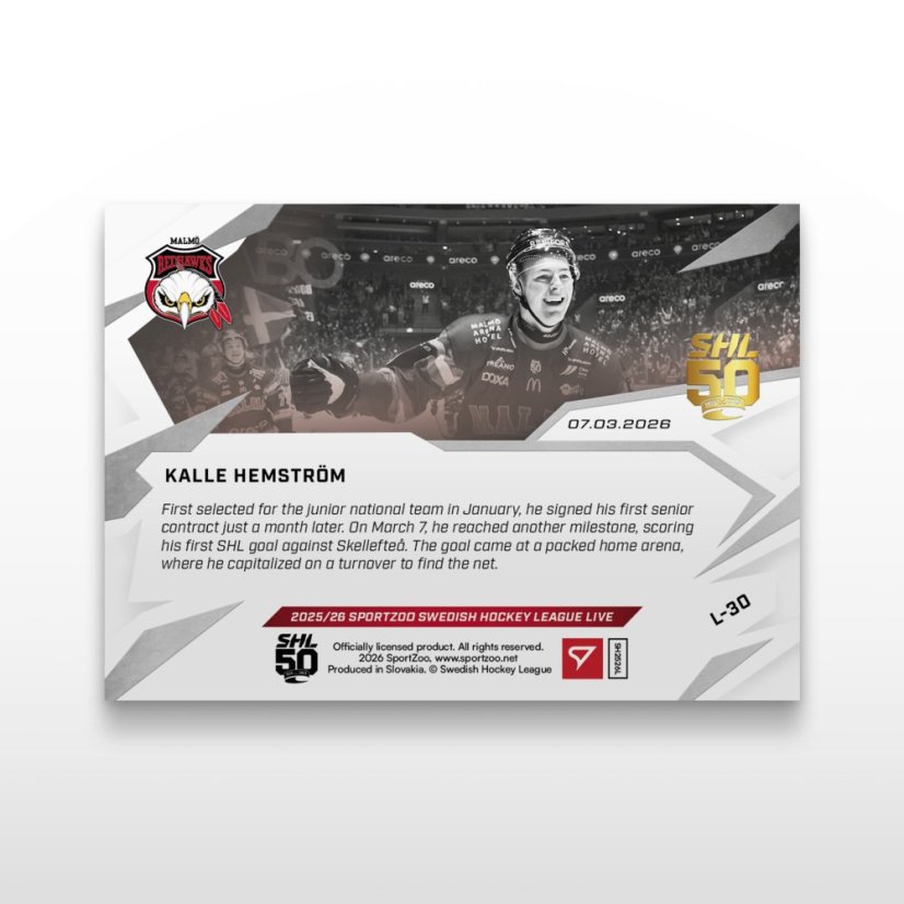 Hokejová  kartička L-30 Kalle Hemström - SportZoo Svenska hockeyligan 2025/26 LIVE
