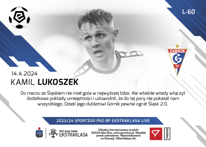 L-60 ZESTAW Kamil Lukoszek PKO Bank Polski Ekstraklasa 2023/24 LIVE + UCHWYT