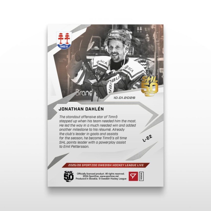 Hockey-samlar­kort L-22 Jonathan Dahlén – SportZoo Svenska hockeyligan 2025/26 LIVE