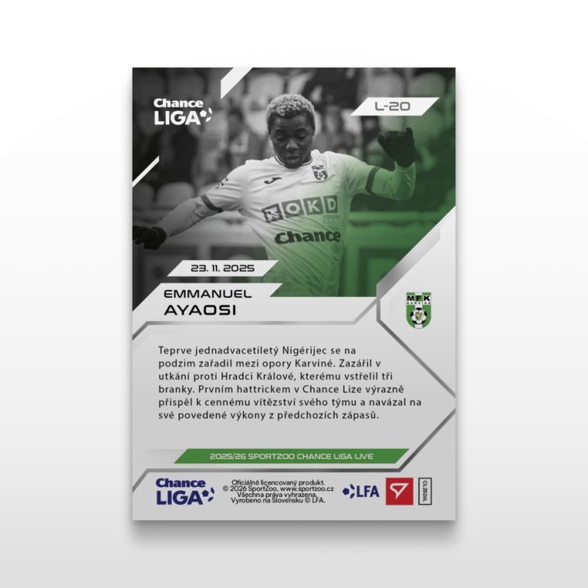 Football trading card L-20 EMMANUEL AYAOSI - SportZoo Chance Liga 2025/26 LIVE