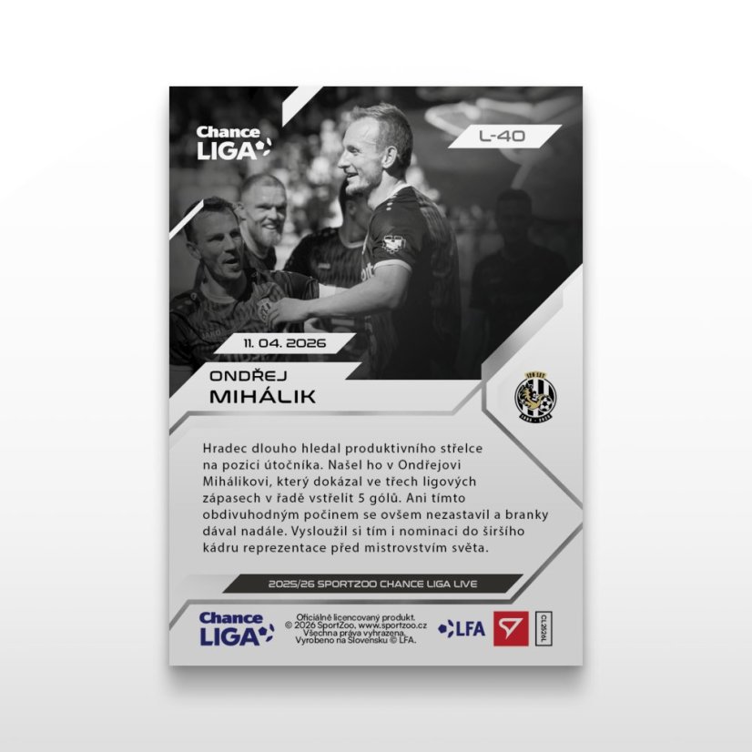 Futbalová kartička L-40 Ondřej Mihálik - SportZoo Chance Liga 2025/26 LIVE