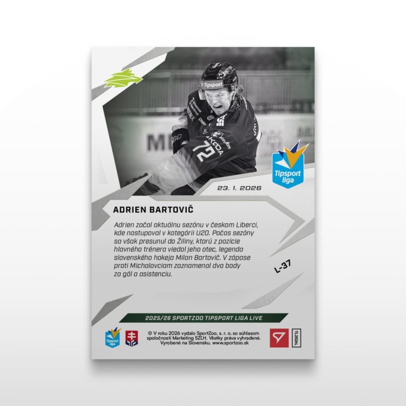 Hokejová  kartička L-37 ADRIEN BARTOVIČ - SportZoo Tipsport liga 2025/26 LIVE