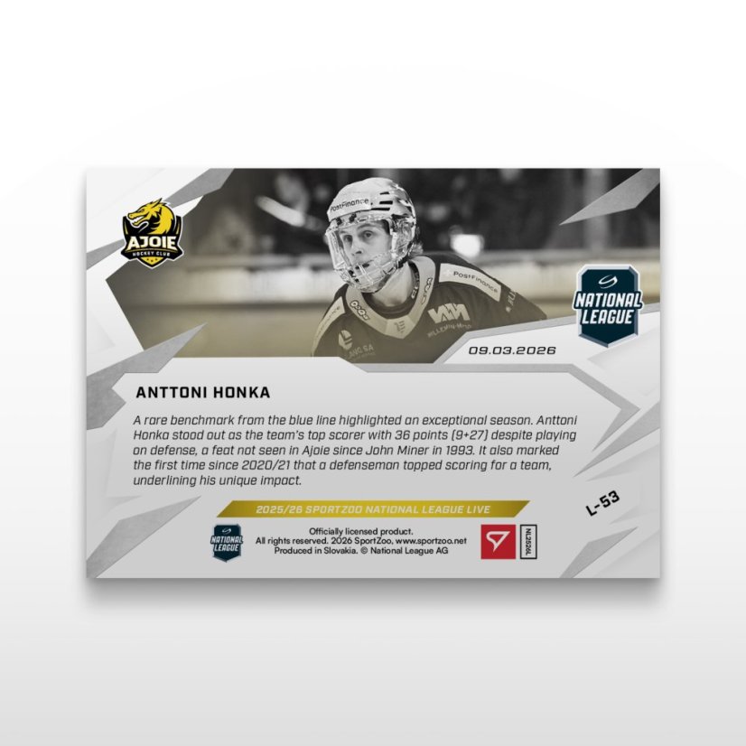 Karta hokejowa L-53 Anttoni Honka - SportZoo National League 2025/26 LIVE