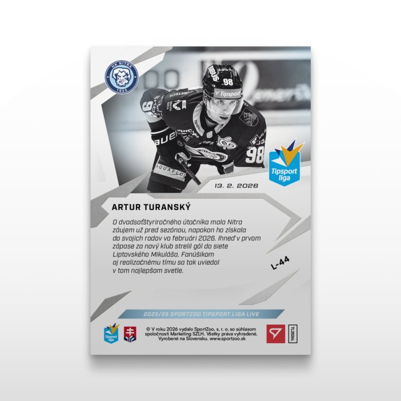 Hokejová  kartička L-44 ARTUR TURANSKÝ - SportZoo Tipsport liga 2025/26 LIVE