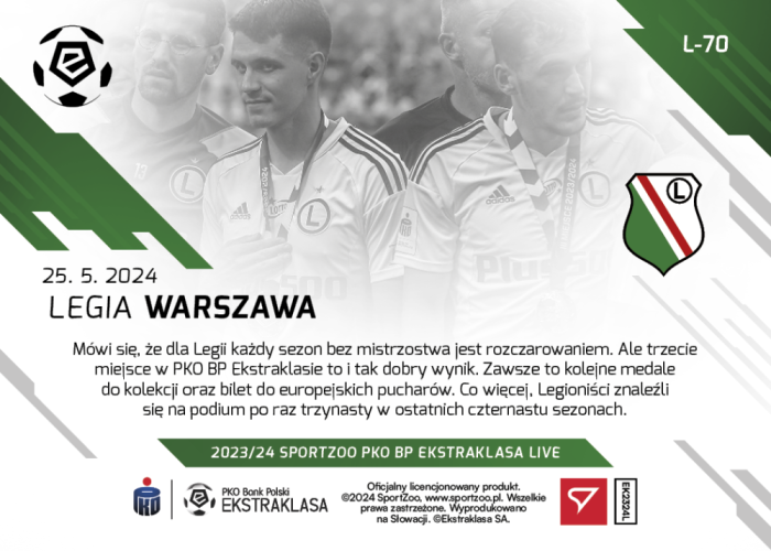 L-70 ZESTAW Legia Warszawa PKO Bank Polski Ekstraklasa 2023/24 LIVE + UCHWYT