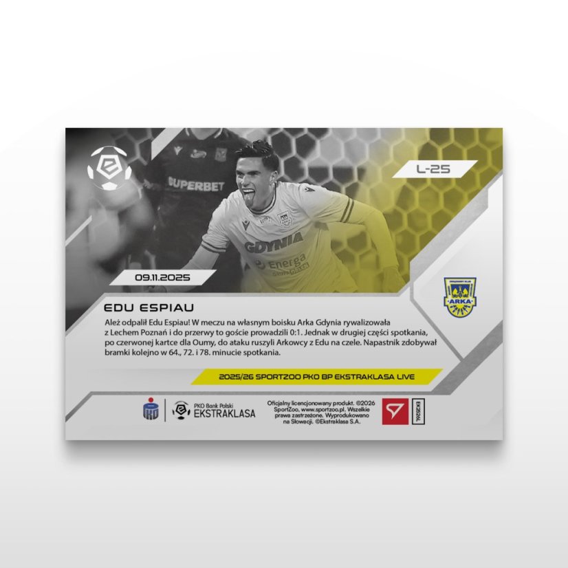 Fotbalová kartička L-25 Edu Espiau - SportZoo PKO BP Ekstraklasa 2025/26 LIVE