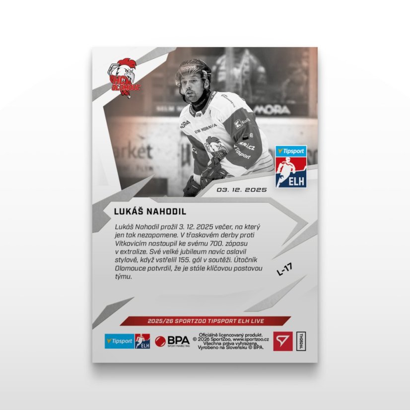 Hokejová  kartička L-17 Lukáš Nahodil - SportZoo Tipsport ELH 2025/26 LIVE