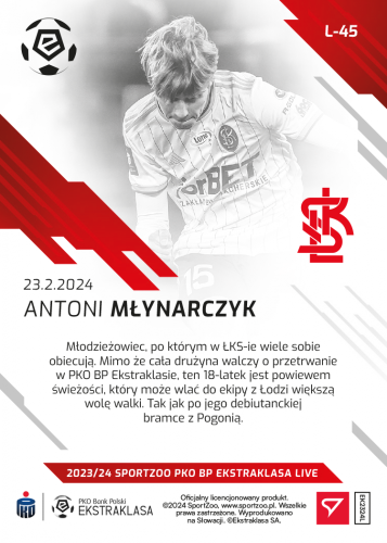 L-45 ZESTAW Antoni Młynarczyk PKO Bank Polski Ekstraklasa 2023/24 LIVE + UCHWYT