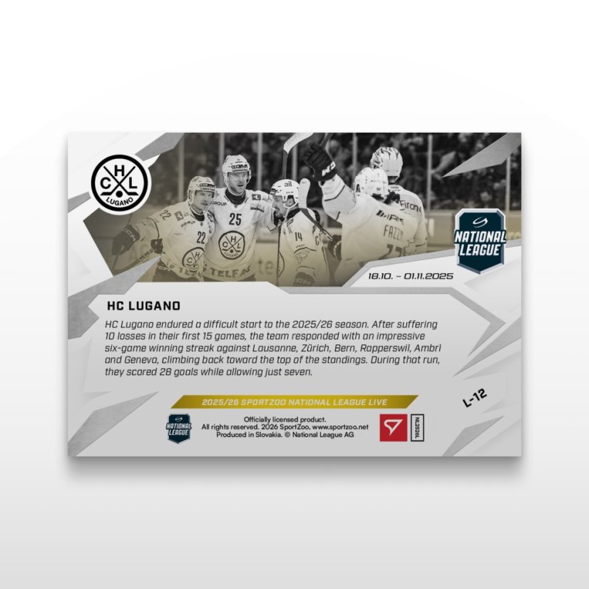 Hokejová kartička L-12 HC Lugano - SportZoo National League 2025/26 LIVE