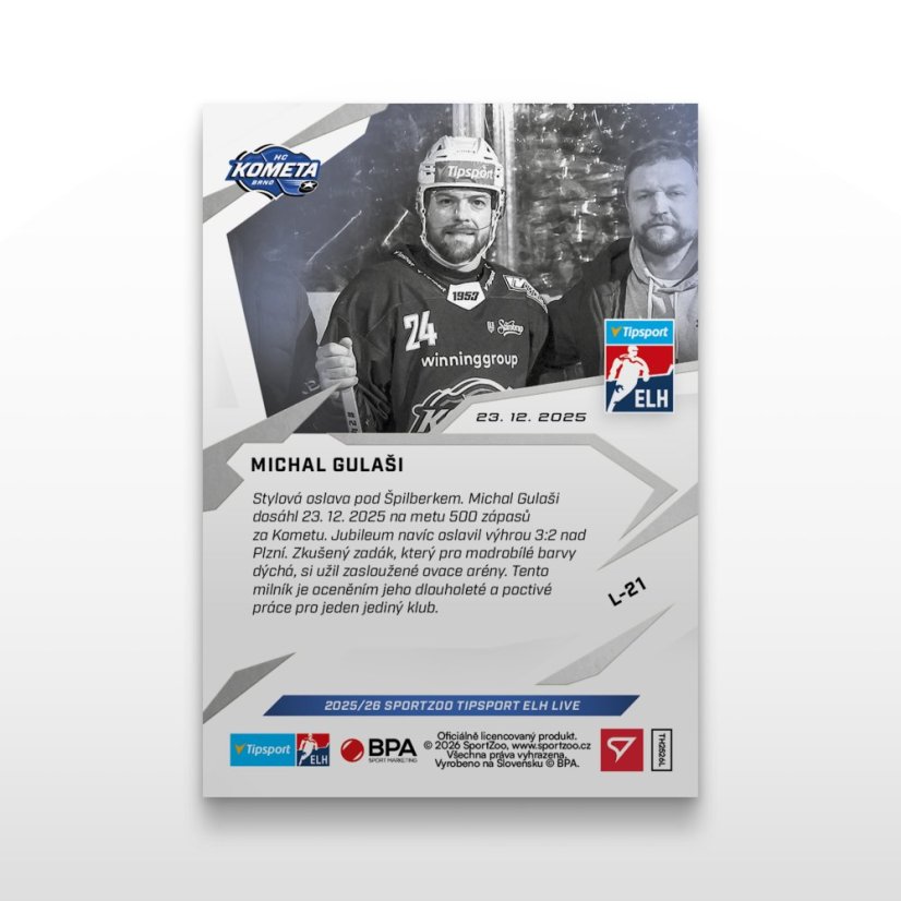 Hokejová  kartička L-21 Michal Gulaši - SportZoo Tipsport ELH 2025/26 LIVE