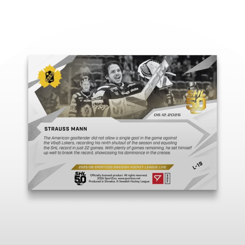 Hokejová kartička L-19 Strauss Mann - SportZoo Svenska hockeyligan 2025/26 LIVE