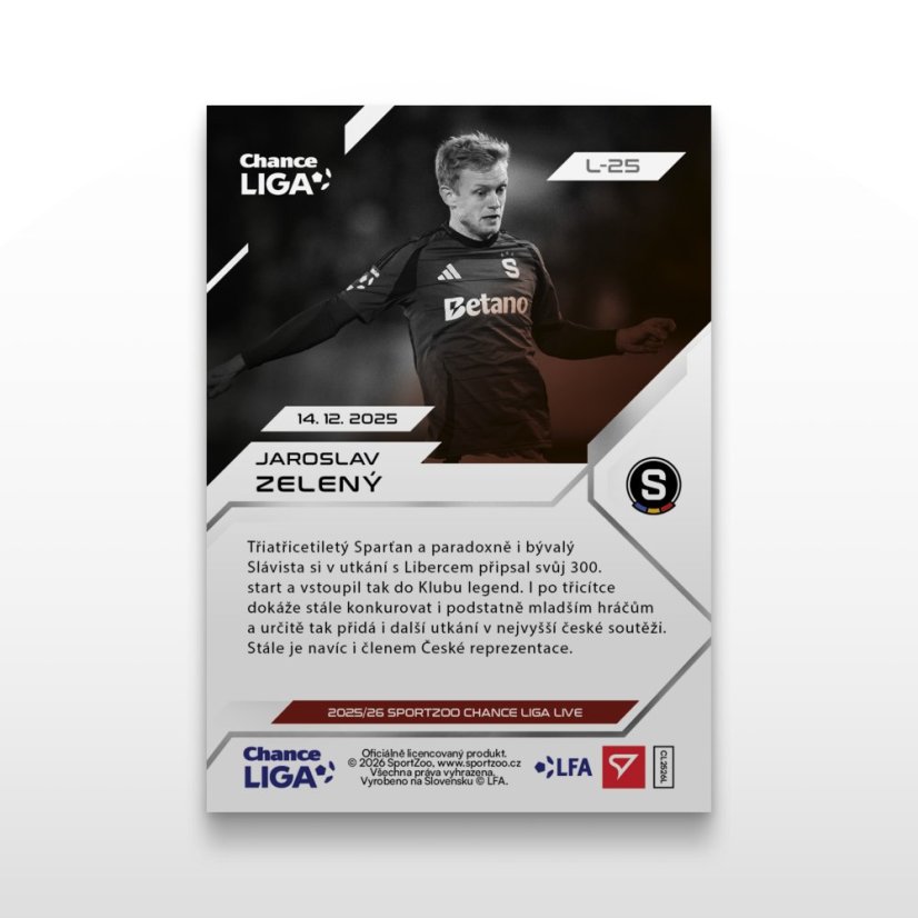 Futbalová kartička L-25 JAROSLAV ZELENÝ - SportZoo Chance Liga 2025/26 LIVE