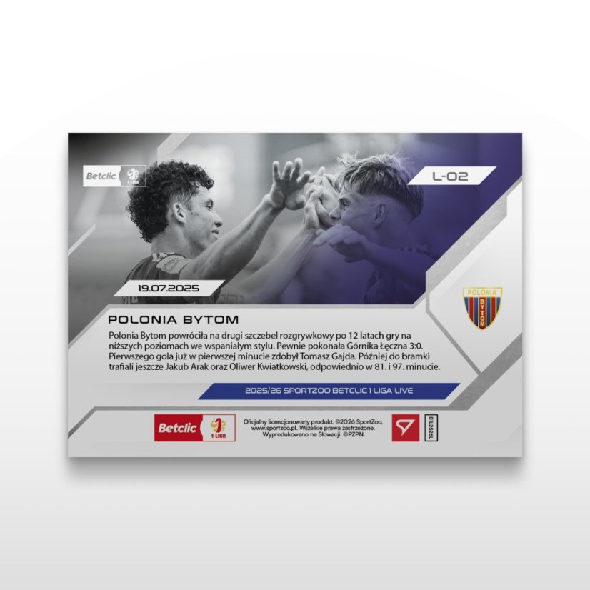 Karta piłkarska L-02 Polonia Bytom - SportZoo Betclic 1 Liga 2025/26 LIVE