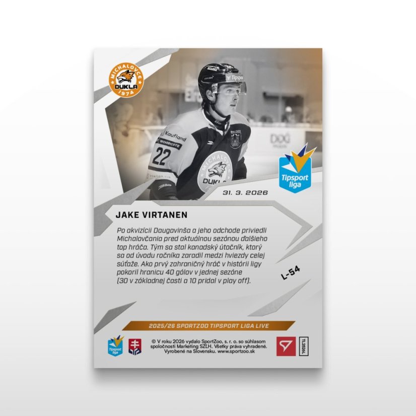 Hockey trading card L-54 JAKE VIRTANEN - SportZoo Tipsport liga 2025/26 LIVE