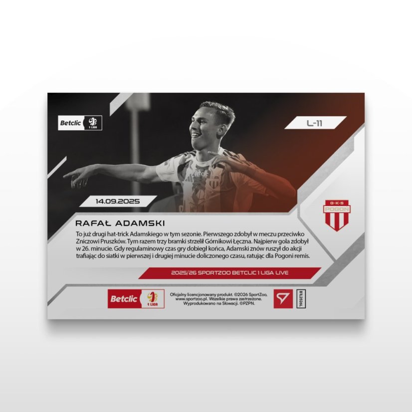Karta piłkarska L-11 Rafał Adamski - SportZoo Betclic 1 Liga 2025/26 LIVE