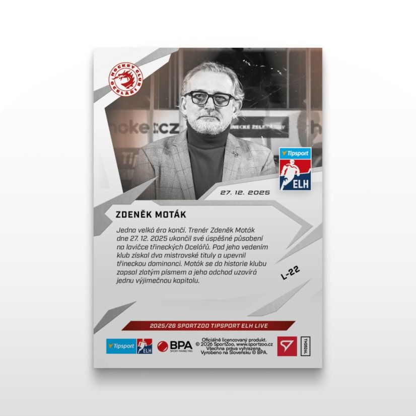 Hokejová  kartička L-22 Zdeněk Moták - SportZoo Tipsport ELH 2025/26 LIVE