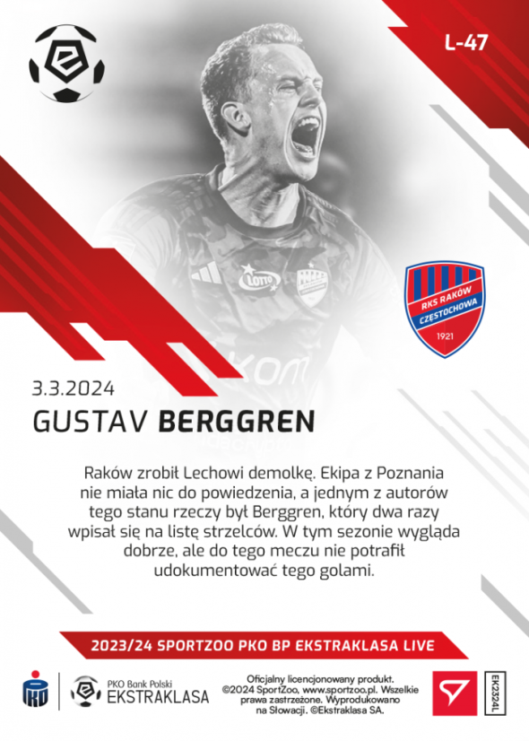 L-47 ZESTAW Gustav Berggren PKO Bank Polski Ekstraklasa 2023/24 LIVE + UCHWYT