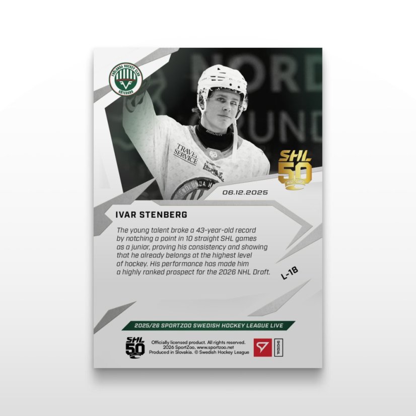Hokejová kartička L-18 Ivar Stenberg - SportZoo Svenska hockeyligan 2025/26 LIVE