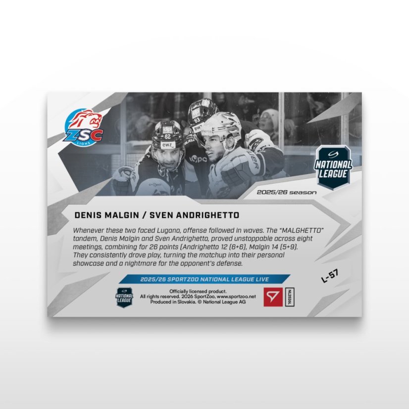 Hockey trading card L-57 Denis Malgin / Sven Andrighetto - SportZoo National League 2025/26 LIVE