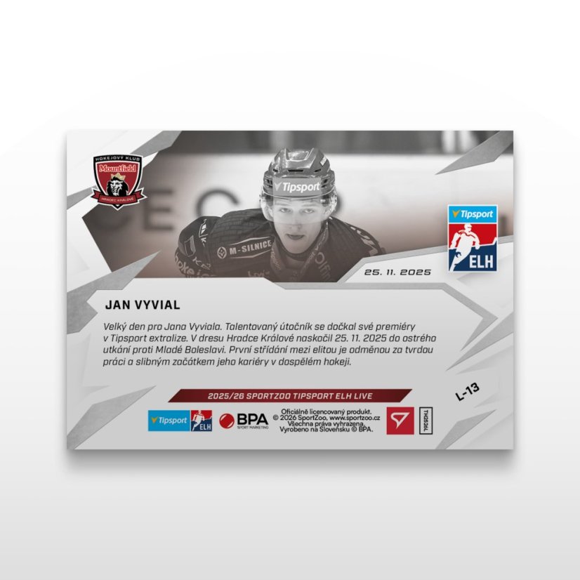 Hokejová  kartička L-13 Jan Vyvial - SportZoo Tipsport ELH 2025/26 LIVE