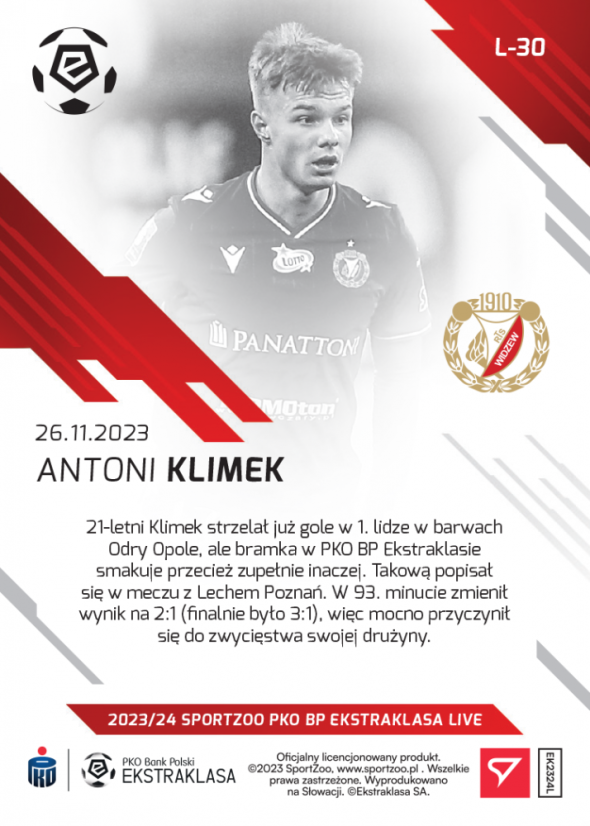 L-30 ZESTAW Antoni Klimek PKO Bank Polski Ekstraklasa 2023/24 LIVE + UCHWYT