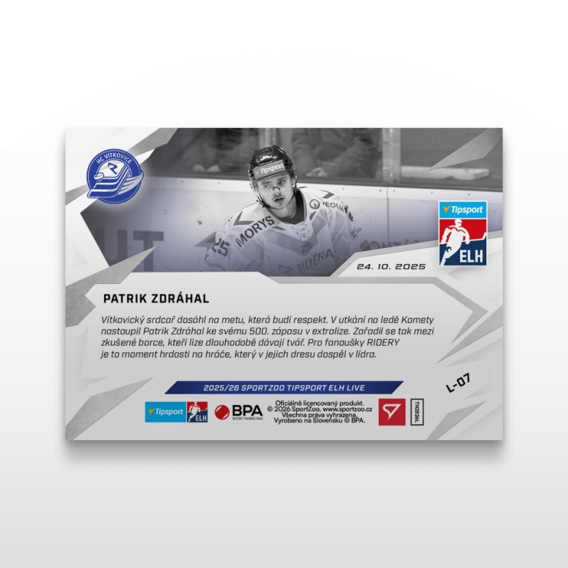Hokejová  kartička L-07 Patrik Zdráhal - SportZoo Tipsport ELH 2025/26 LIVE