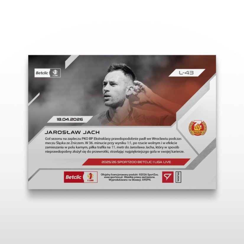 Football trading card L-43 Jarosław Jach - SportZoo Betclic 1 Liga 2025/26 LIVE