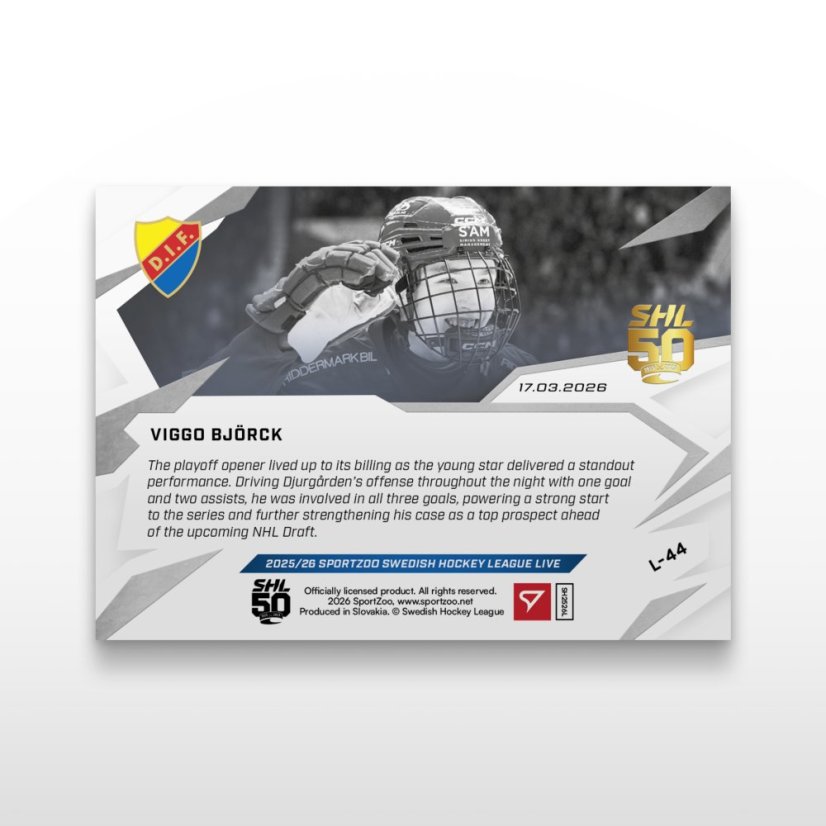 Hokejová  kartička L-44 Viggo Björck  - SportZoo Svenska hockeyligan 2025/26 LIVE