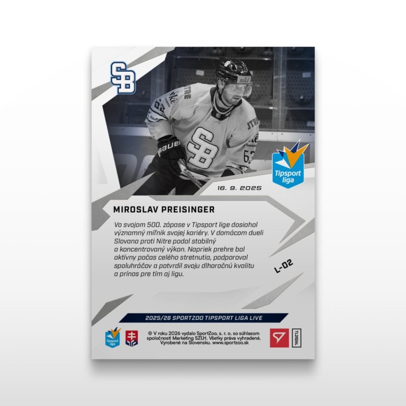Hockey trading card L-02 MIROSLAV PREISINGER - SportZoo Tipsport liga 2025/26 LIVE