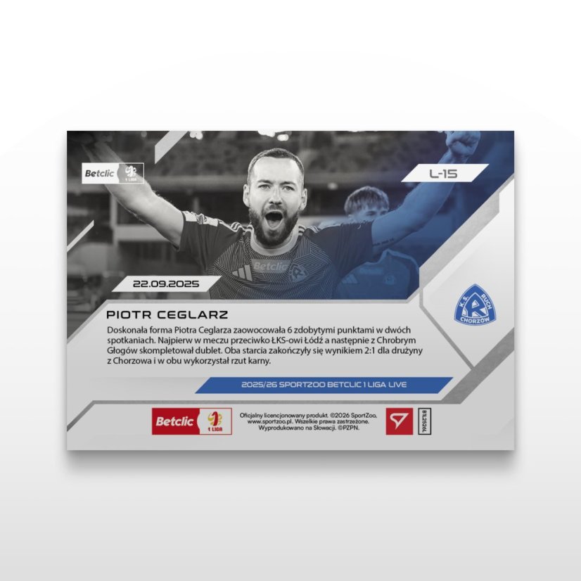 Karta piłkarska L-15 Piotr Ceglarz - SportZoo Betclic 1 Liga 2025/26 LIVE