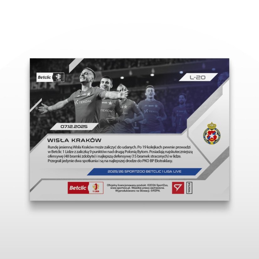 Karta piłkarska L-20 Wisła Kraków - SportZoo Betclic 1 Liga 2025/26 LIVE
